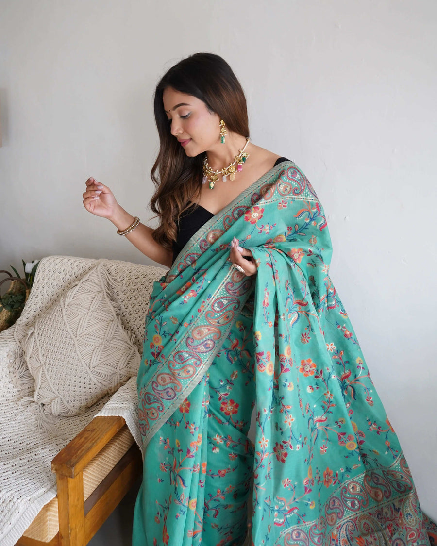 Multicolor Zari Woven Handloom Cotton Saree | Animal & Floral Motifs with Tassels – Buy Online
