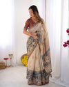 Beige Handloom Cotton Saree | Maroon Blouse & Royal Procession Pallu – Buy Online
