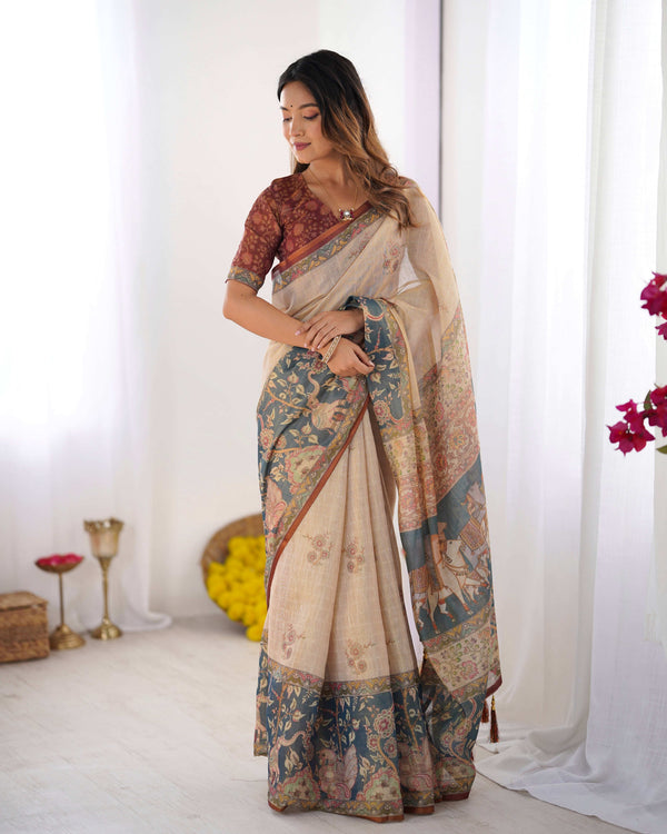Beige Handloom Cotton Saree | Maroon Blouse & Royal Procession Pallu – Buy Online