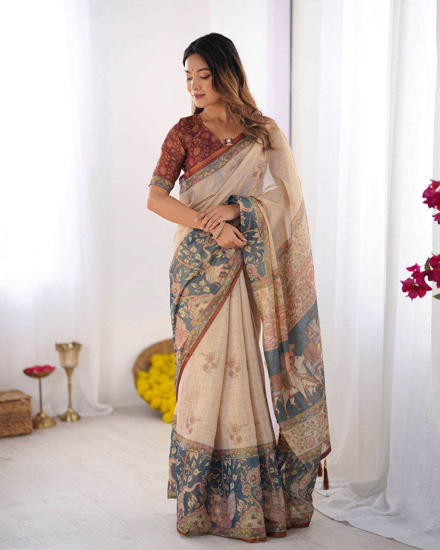 Beige Handloom Cotton Saree | Maroon Blouse & Royal Procession Pallu – Buy Online