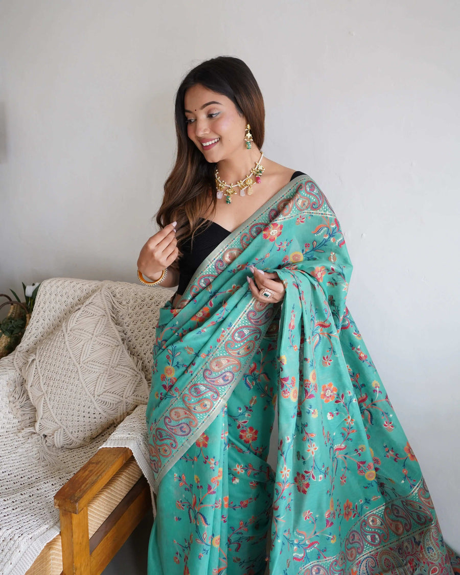 Multicolor Zari Woven Handloom Cotton Saree | Animal & Floral Motifs with Tassels – Buy Online
