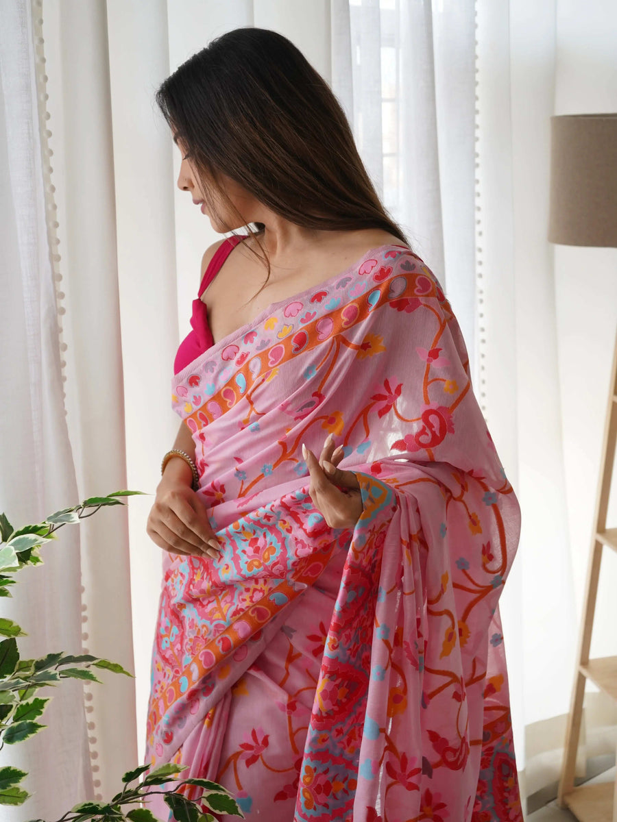 Multicolor Zari Woven Handloom Cotton Saree | Animal & Floral Motifs with Tassels – Buy Online