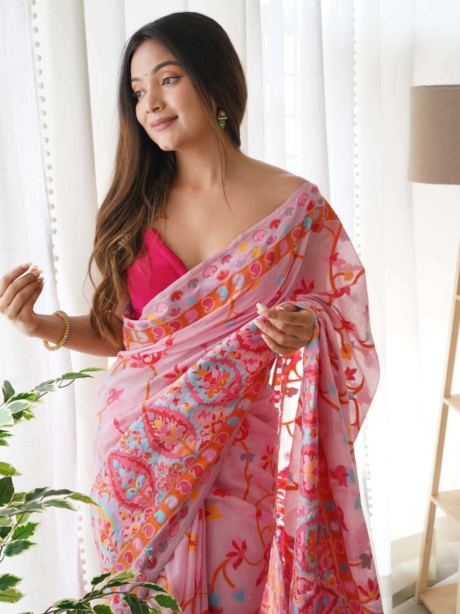 Multicolor Zari Woven Handloom Cotton Saree | Animal & Floral Motifs with Tassels – Buy Online