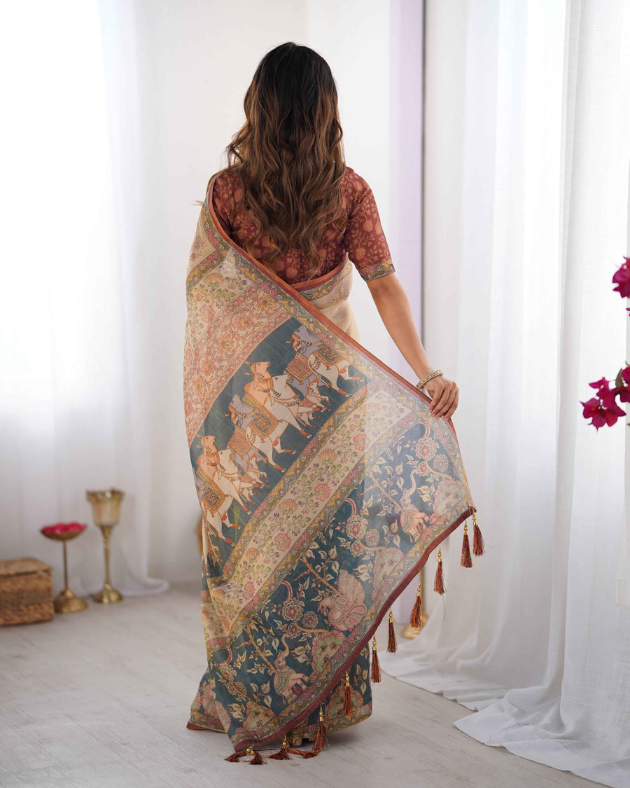 Beige Handloom Cotton Saree with Maroon Blouse and Multicolor Royal Procession Pallu