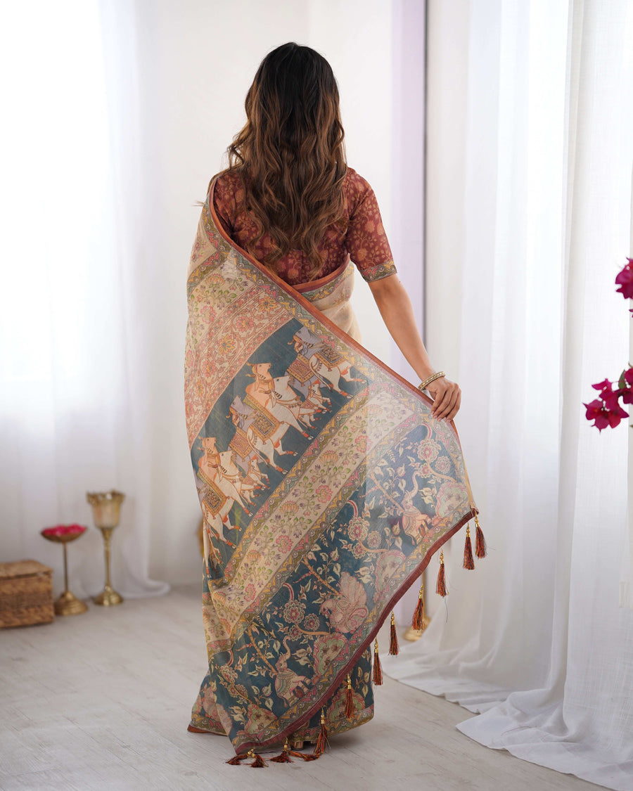 Beige Handloom Cotton Saree | Maroon Blouse & Royal Procession Pallu – Buy Online