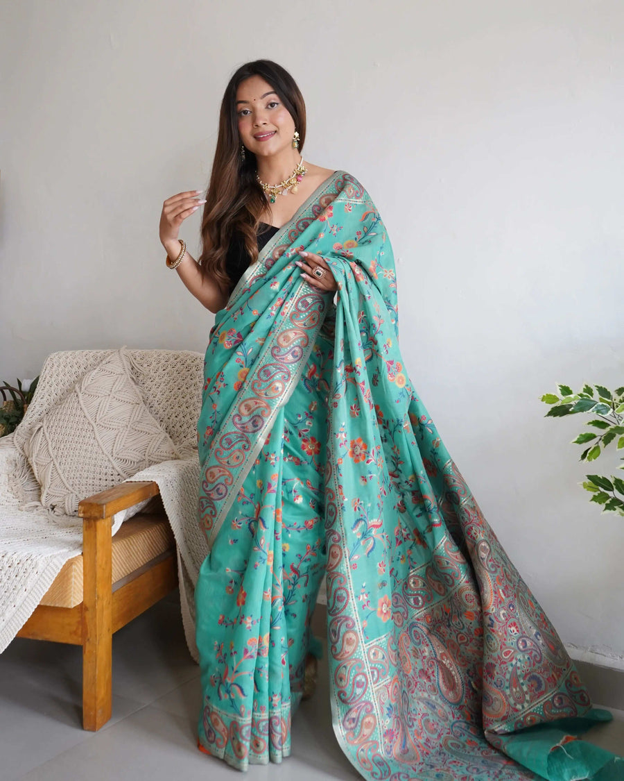 Multicolor Zari Woven Handloom Cotton Saree | Animal & Floral Motifs with Tassels – Buy Online