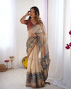 Beige Handloom Cotton Saree | Maroon Blouse & Royal Procession Pallu – Buy Online