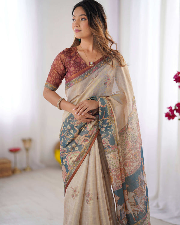 Beige Handloom Cotton Saree | Maroon Blouse & Royal Procession Pallu – Buy Online