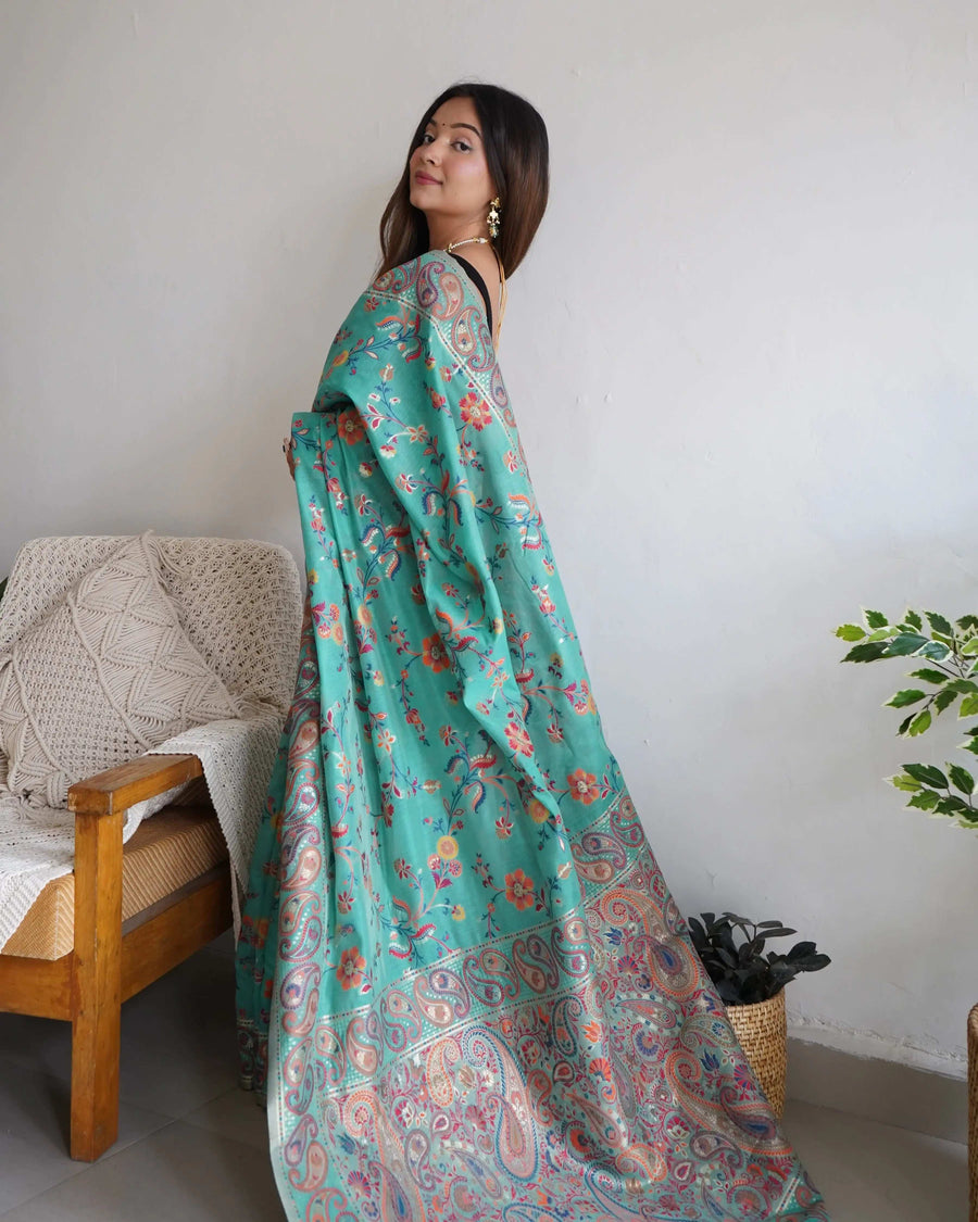 Multicolor Zari Woven Handloom Cotton Saree | Animal & Floral Motifs with Tassels – Buy Online