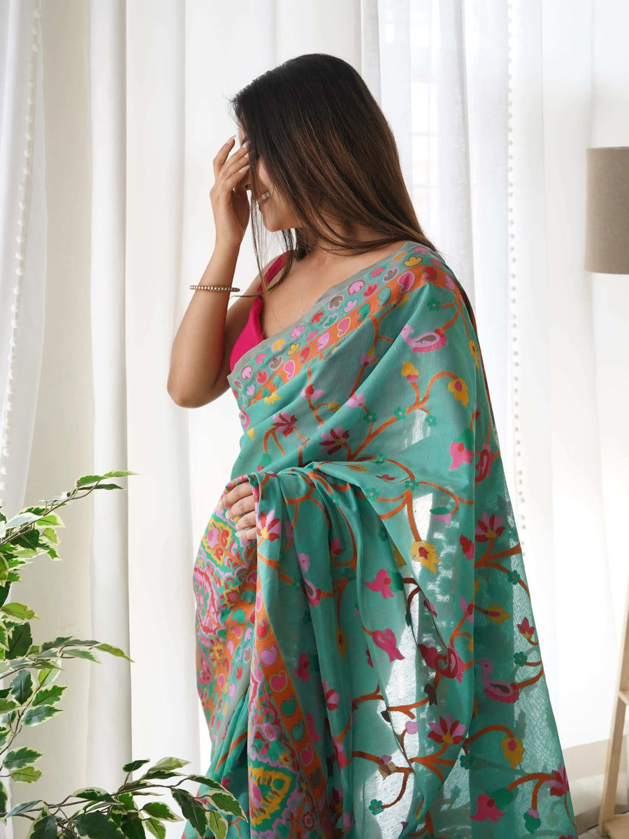 Multicolor Zari Woven Handloom Cotton Saree | Animal & Floral Motifs with Tassels – Buy Online