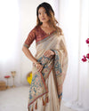Beige Handloom Cotton Saree | Maroon Blouse & Royal Procession Pallu – Buy Online