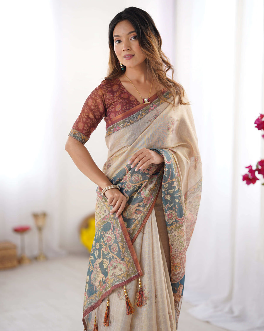 Beige Handloom Cotton Saree | Maroon Blouse & Royal Procession Pallu – Buy Online