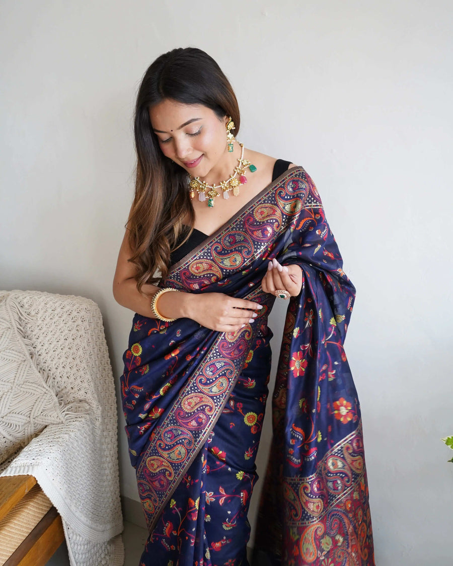Plum Handloom Cotton Saree | Floral Print, Mythical Border & Tassels – Buy Online
