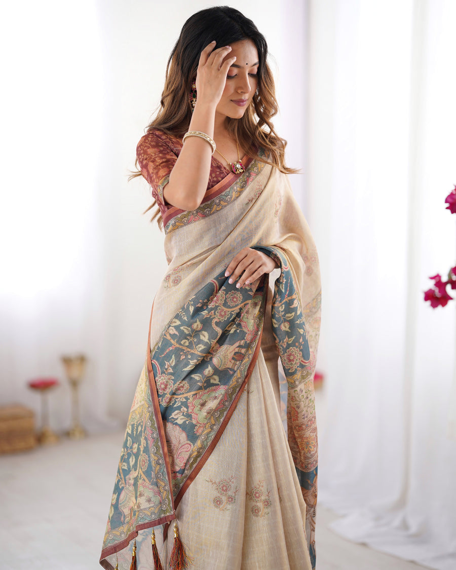 Beige Handloom Cotton Saree with Maroon Blouse and Multicolor Royal Procession Pallu