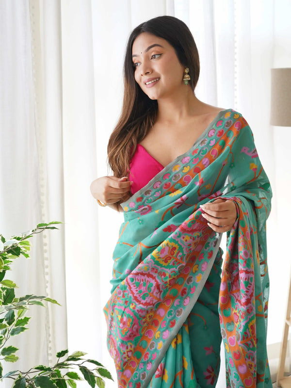 Plum Handloom Cotton Saree | Floral Print, Mythical Border & Tassels – Buy Online
