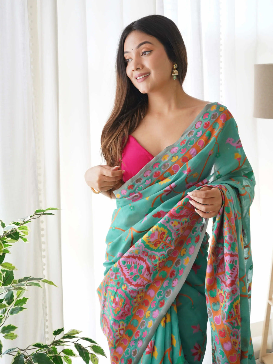 Plum Handloom Cotton Saree | Floral Print, Mythical Border & Tassels – Buy Online