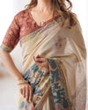 Beige Handloom Cotton Saree | Maroon Blouse & Royal Procession Pallu – Buy Online