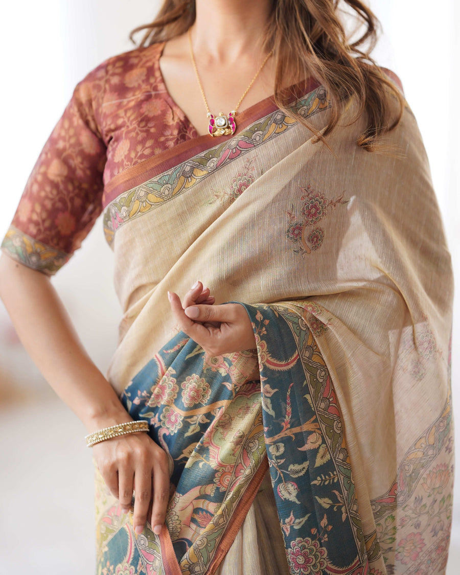 Beige Handloom Cotton Saree | Maroon Blouse & Royal Procession Pallu – Buy Online