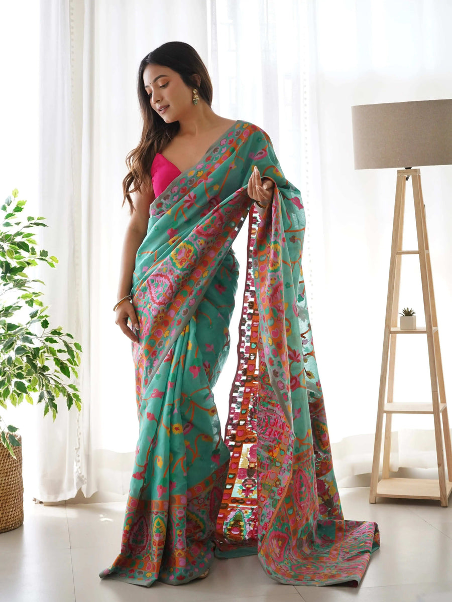 Plum Handloom Cotton Saree | Floral Print, Mythical Border & Tassels – Buy Online