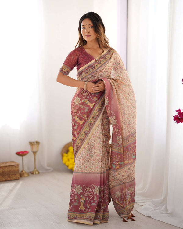 Beige & Mauve Handloom Cotton Saree | Floral Jaal, Peacock Motifs & Storytelling Pallu – Buy Online
