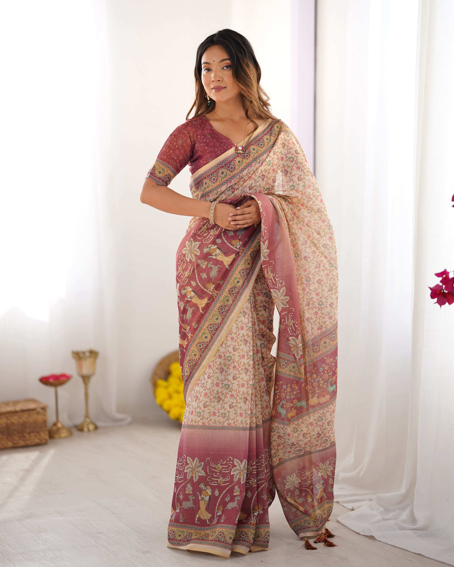 Beige & Mauve Handloom Cotton Saree | Floral Jaal, Peacock Motifs & Storytelling Pallu – Buy Online
