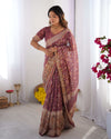 Plum Handloom Cotton Saree | Floral Print, Mythical Border & Tassels – Buy Online
