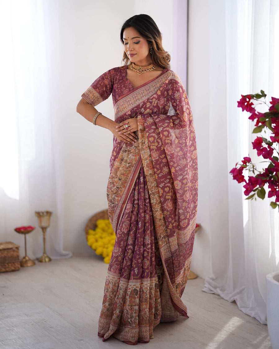 Plum Handloom Cotton Saree | Floral Print, Mythical Border & Tassels – Buy Online