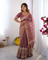 Plum Handloom Cotton Saree | Floral Print, Mythical Border & Tassels – Buy Online