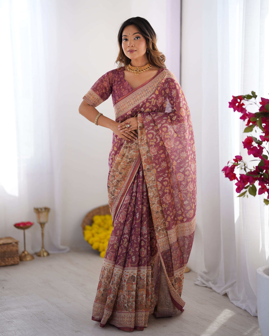 Plum Handloom Cotton Saree | Floral Print, Mythical Border & Tassels – Buy Online