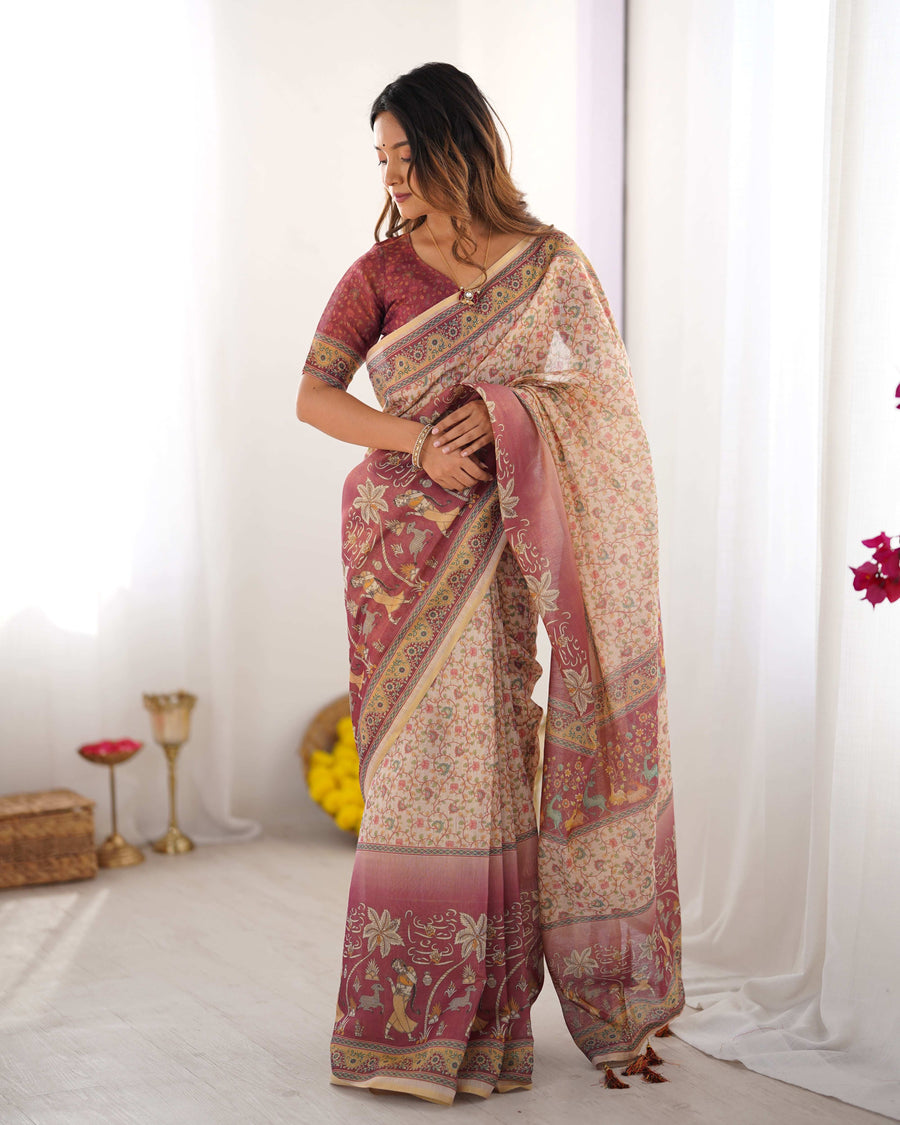 Beige & Mauve Handloom Cotton Saree | Floral Jaal, Peacock Motifs & Storytelling Pallu – Buy Online