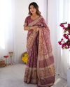 Plum Handloom Cotton Saree | Floral Print, Mythical Border & Tassels – Buy Online