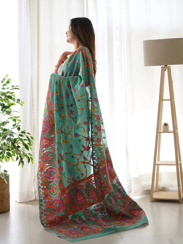 Plum Handloom Cotton Saree | Floral Print, Mythical Border & Tassels – Buy Online