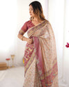 Beige & Mauve Handloom Cotton Saree | Floral Jaal, Peacock Motifs & Storytelling Pallu – Buy Online