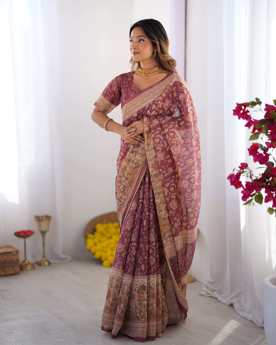 Plum Handloom Cotton Saree | Floral Print, Mythical Border & Tassels – Buy Online