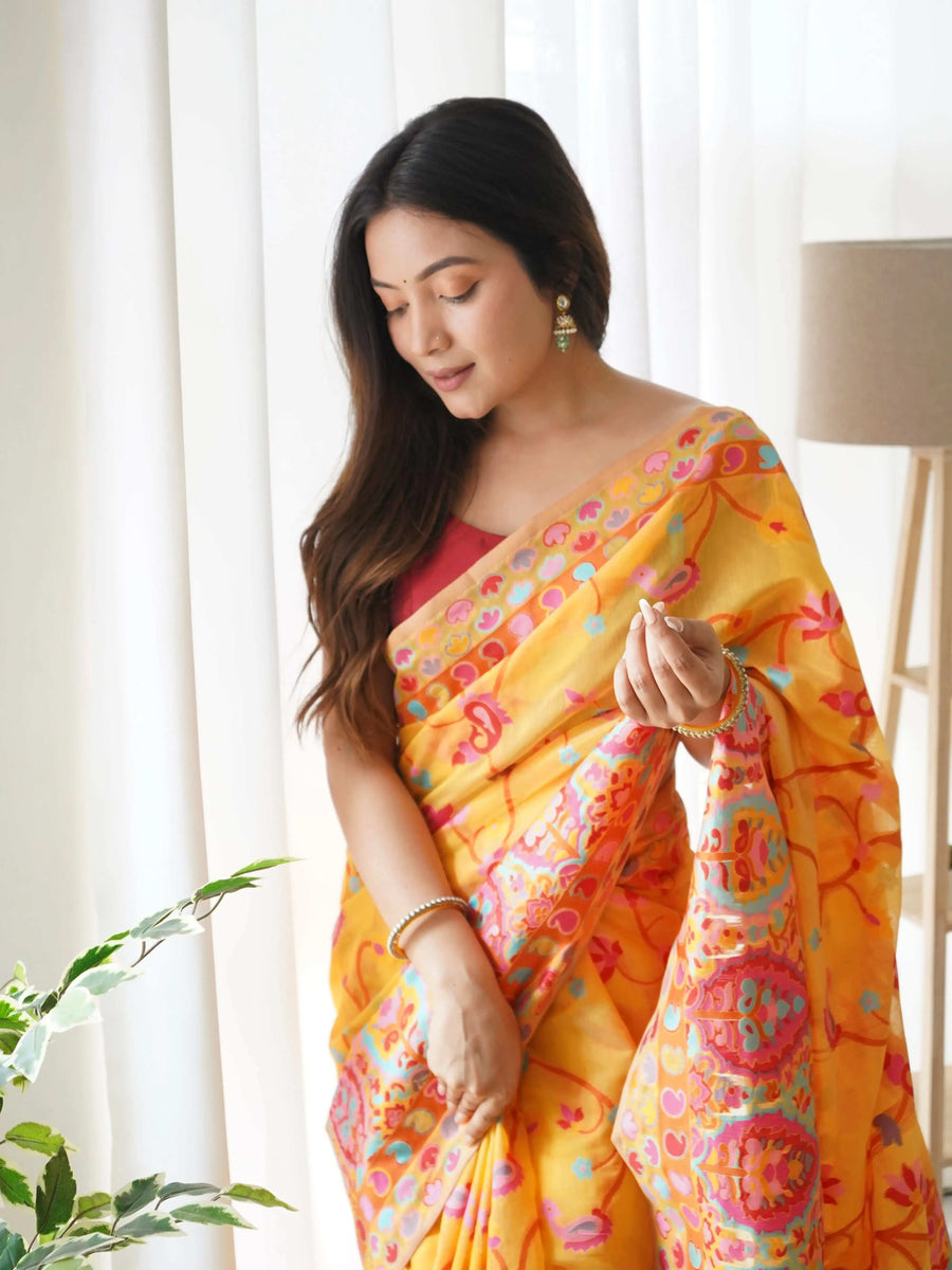 Plum Handloom Cotton Saree | Floral Print, Mythical Border & Tassels – Buy Online