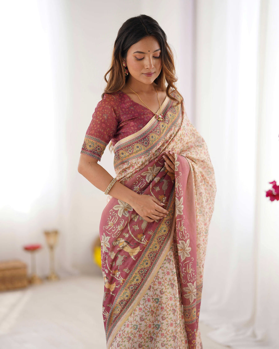 Beige & Mauve Handloom Cotton Saree | Floral Jaal, Peacock Motifs & Storytelling Pallu – Buy Online