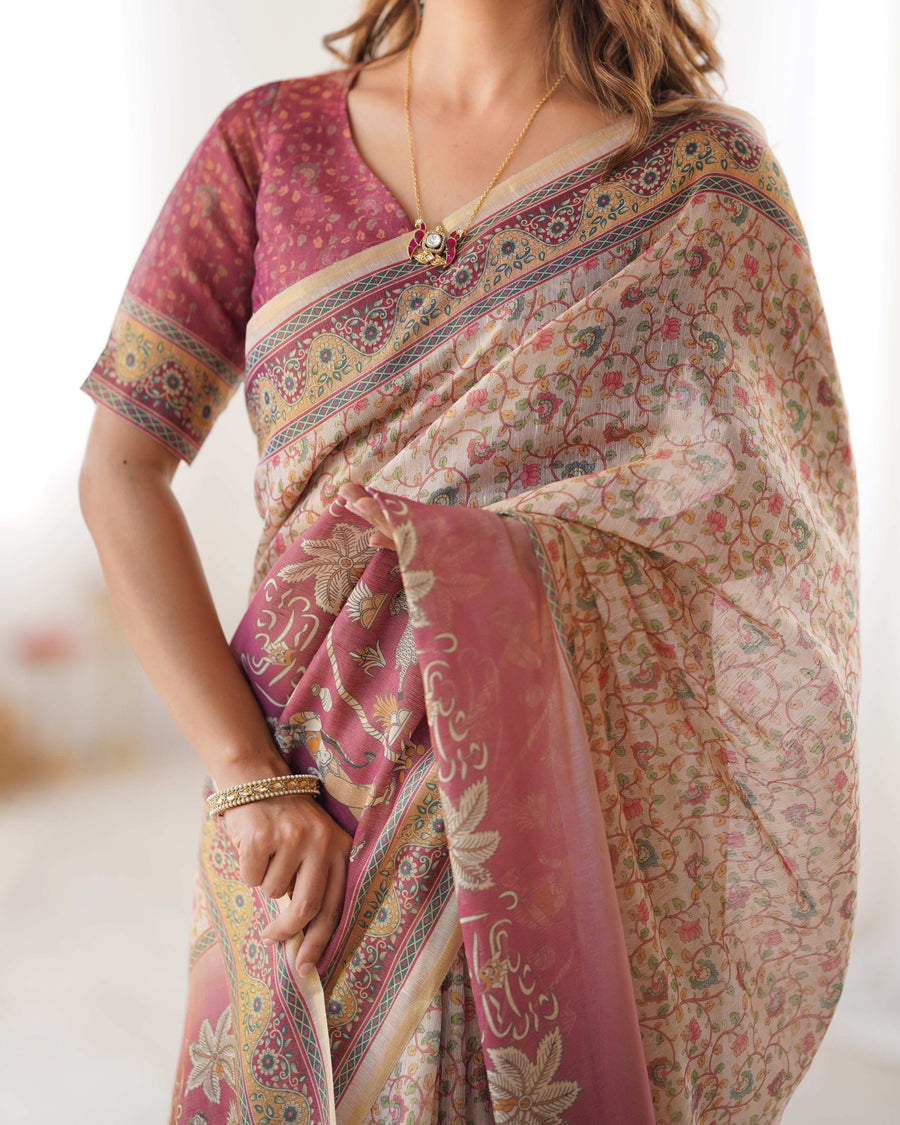 Beige & Mauve Handloom Cotton Saree | Floral Jaal, Peacock Motifs & Storytelling Pallu – Buy Online