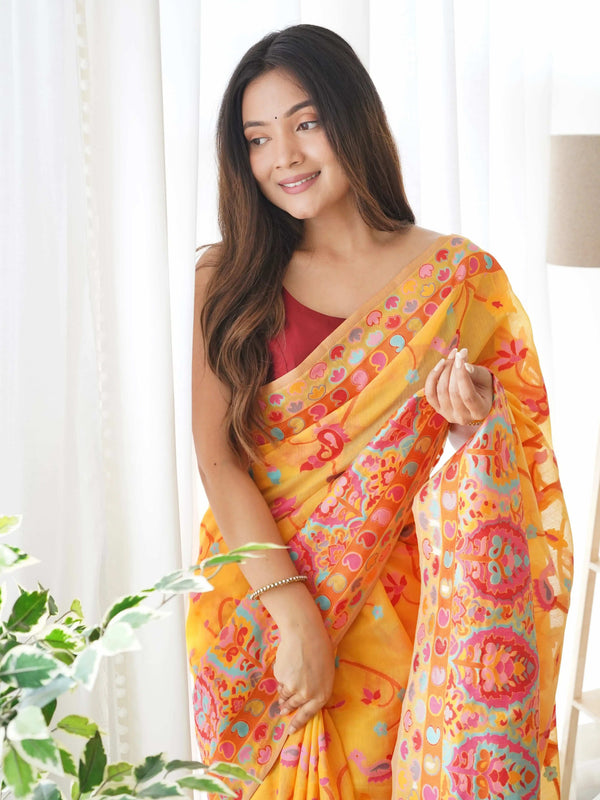 Beige Handloom Cotton Saree | Village Celebration Print & Rust Blouse – Buy Online