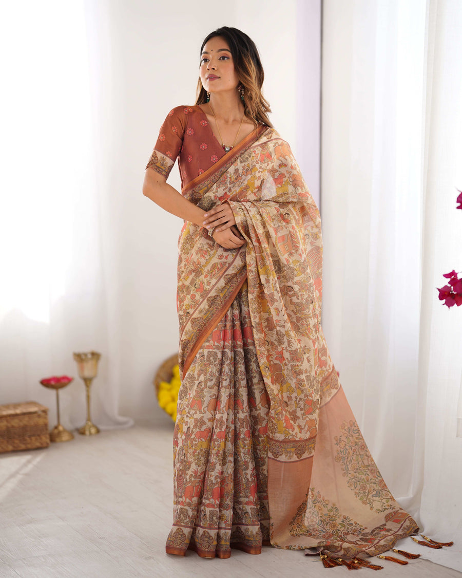 Beige Handloom Cotton Saree | Village Celebration Print & Rust Blouse – Buy Online