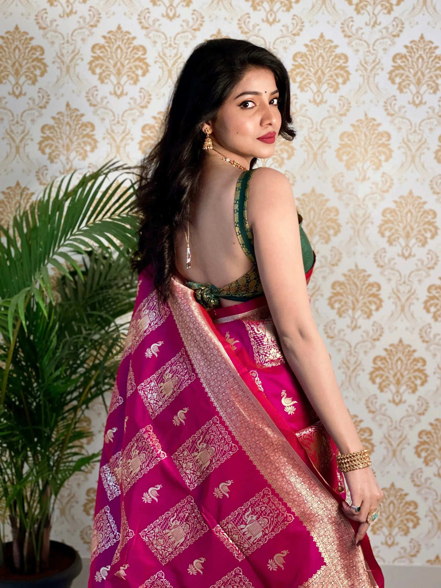 Beige Handloom Cotton Saree | Village Celebration Print & Rust Blouse – Buy Online