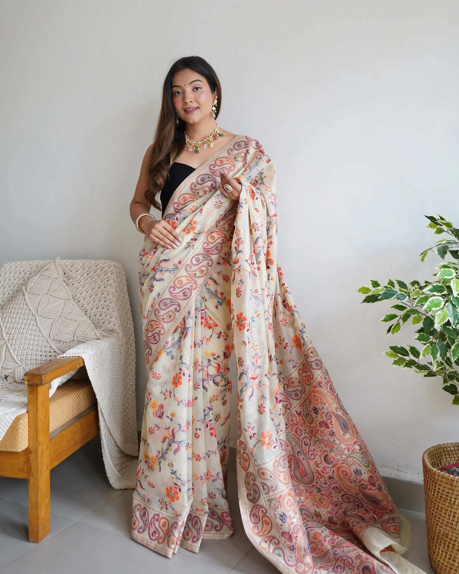 Beige Handloom Cotton Saree | Village Celebration Print & Rust Blouse – Buy Online