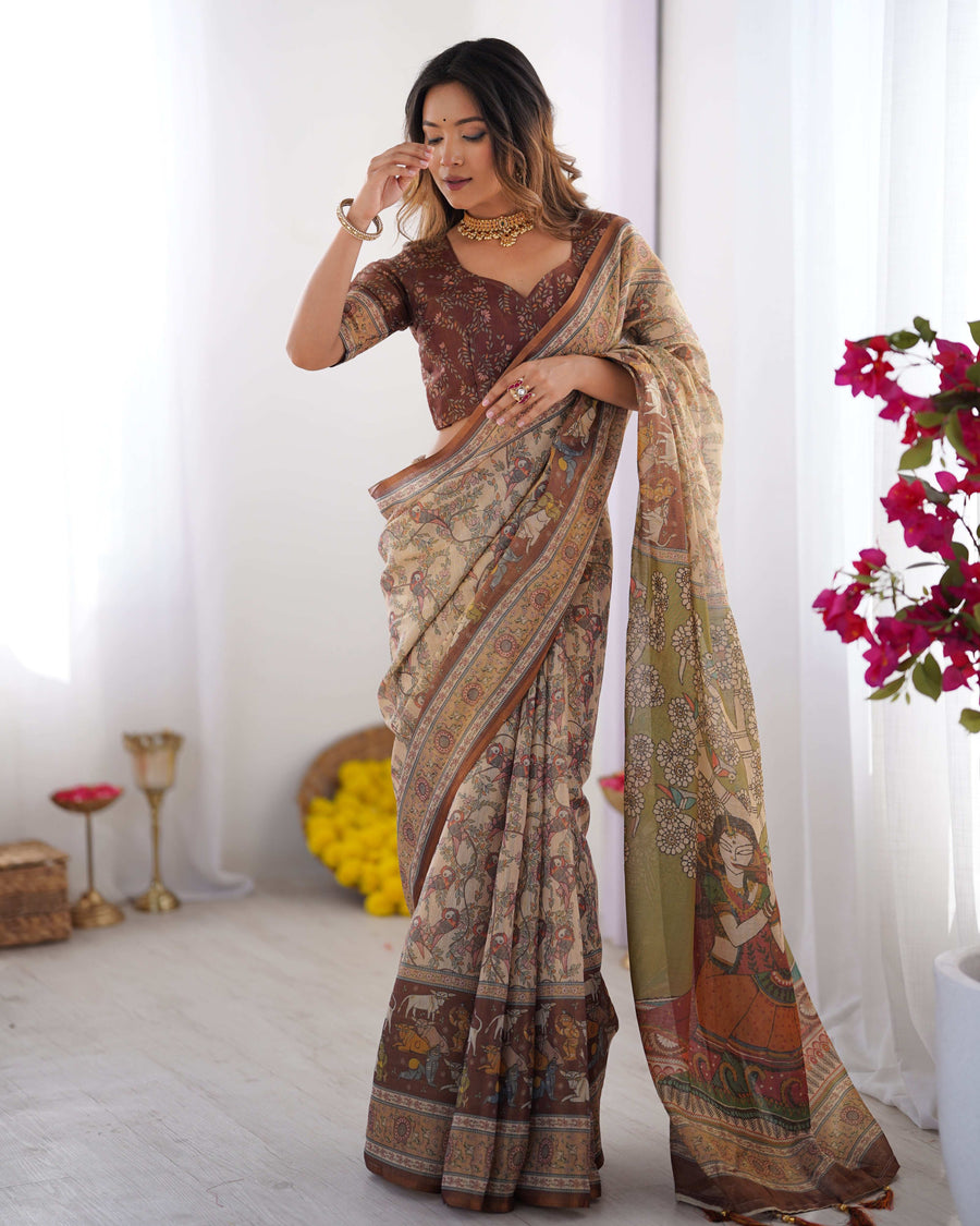 Beige & Brown Handloom Cotton Saree | Kalamkari Pallu, Elephant Motifs & Tassels – Buy Online