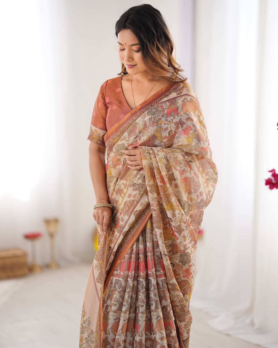 Beige Handloom Cotton Saree | Village Celebration Print & Rust Blouse – Buy Online