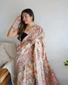 Beige Handloom Cotton Saree | Village Celebration Print & Rust Blouse – Buy Online