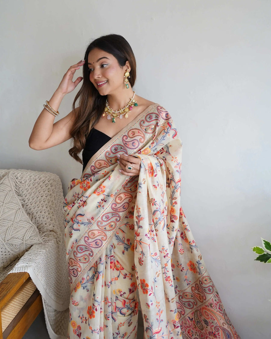 Beige Handloom Cotton Saree | Village Celebration Print & Rust Blouse – Buy Online