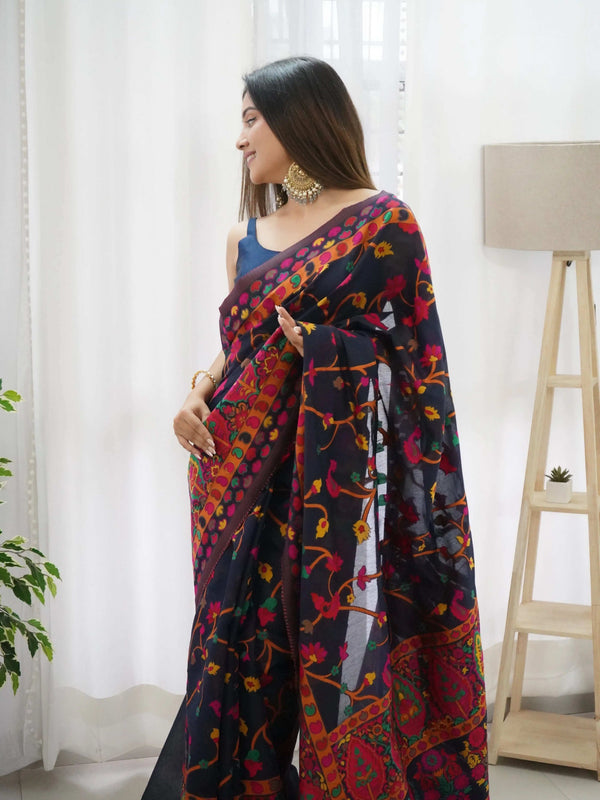 Beige & Brown Handloom Cotton Saree | Kalamkari Pallu, Elephant Motifs & Tassels – Buy Online