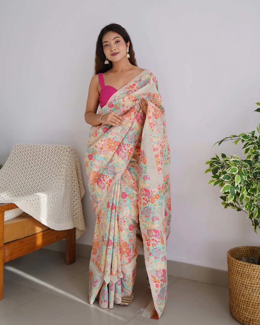 Beige & Brown Handloom Cotton Saree | Kalamkari Pallu, Elephant Motifs & Tassels – Buy Online