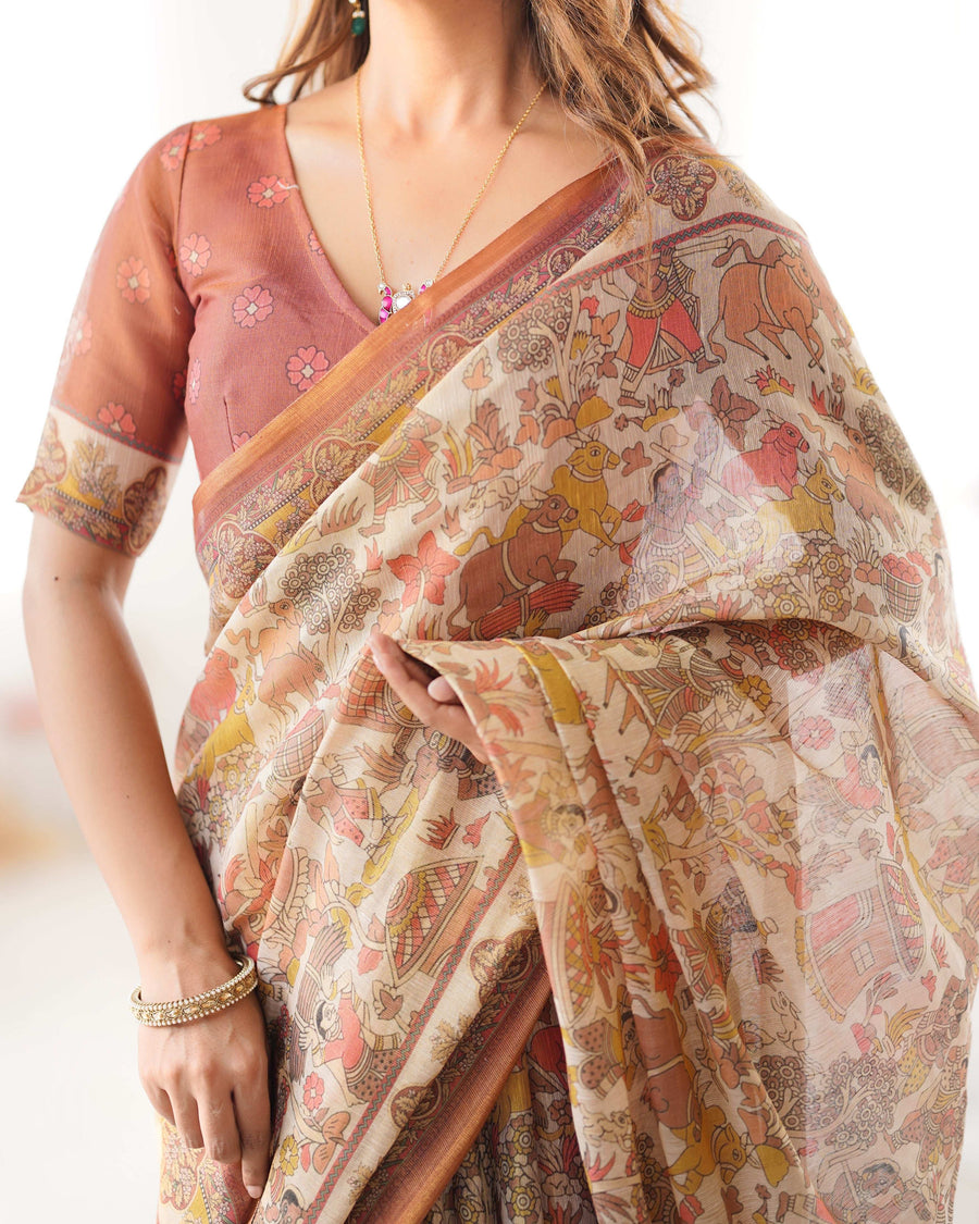 Beige Handloom Cotton Saree | Village Celebration Print & Rust Blouse – Buy Online