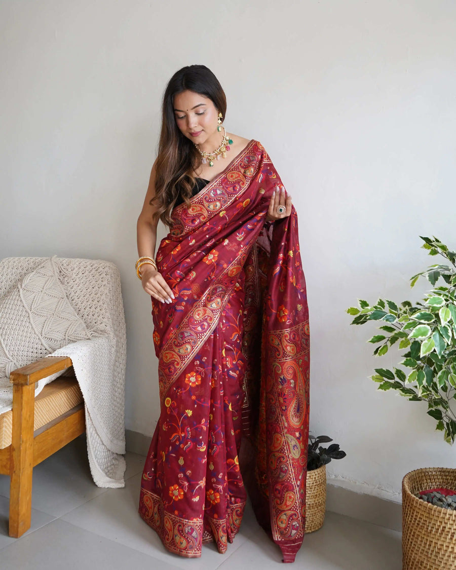 Beige & Brown Handloom Cotton Saree | Kalamkari Pallu, Elephant Motifs & Tassels – Buy Online