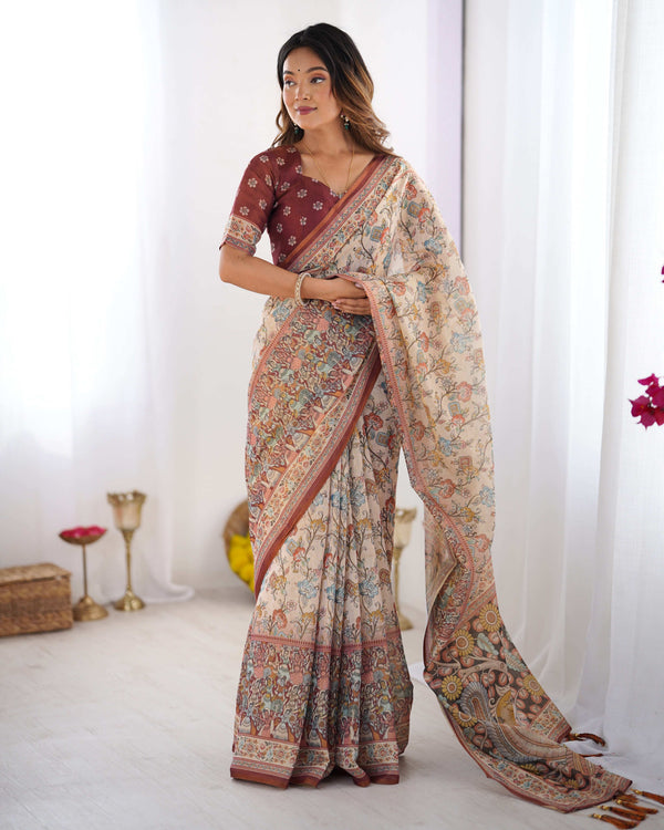 Beige & Maroon Handloom Cotton Saree | Floral Print & Peacock Bird Art Pallu – Buy Online